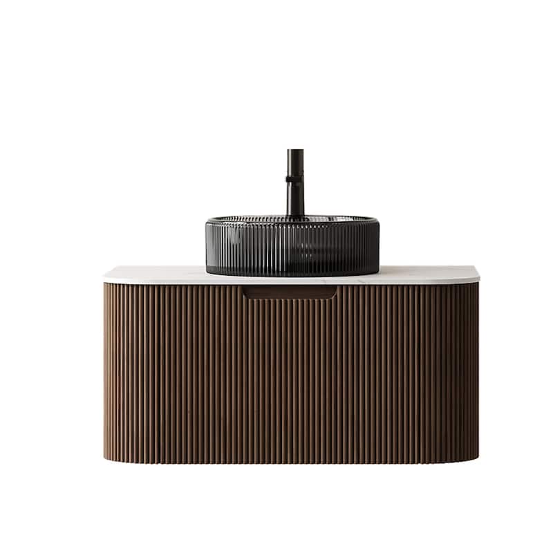 Wall Mounted Bathroom Vanity with Transparent Black Round Glass Basin