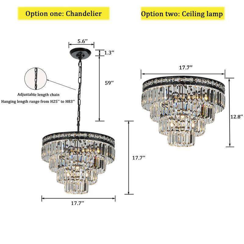 4-Light Modern Classic Crystal Chandelier With Matte Black Finish Tiered Pendant Ceiling Light For Dining Room Bedroom - W18''