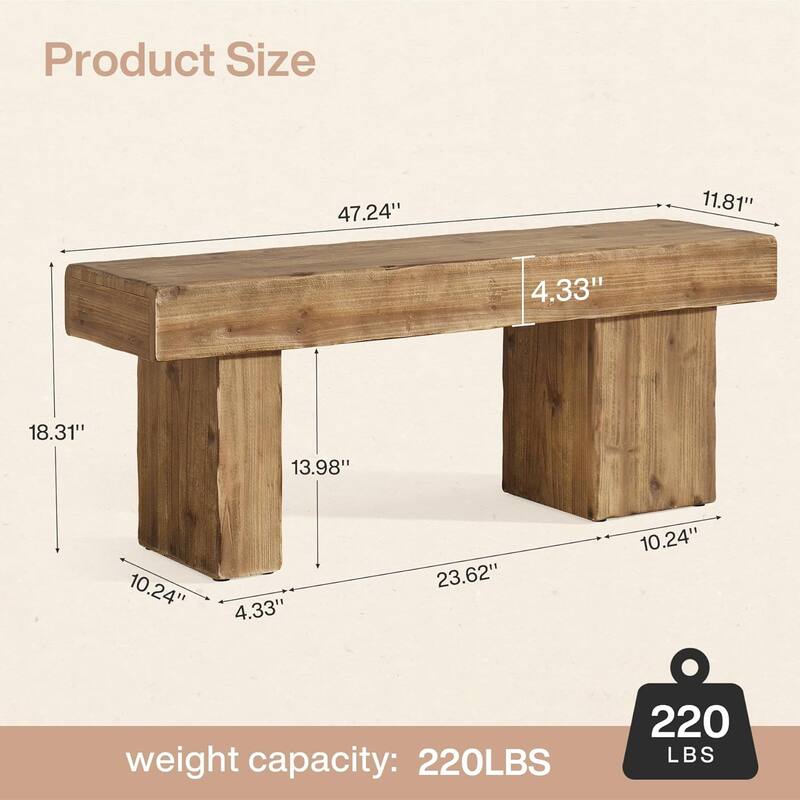 47" Thickened Solid Wood Bench, Rustic Farmhouse Entryway Bench with Artistic Legs