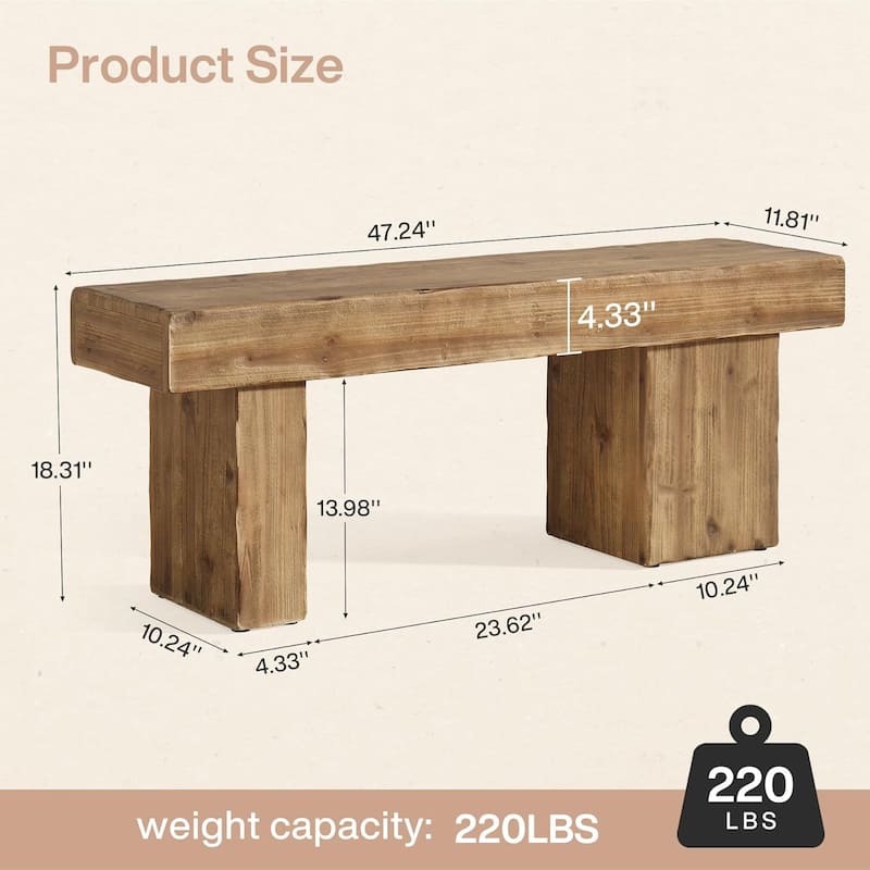 47” Farmhouse Solid Wood Bench with Thickened Seat