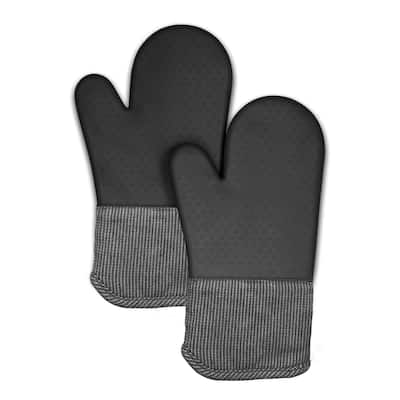 Black Heat Resistant Thick Soft Quilted Lining Kitchen Oven Glove Mitts With Silicone - 1 Pair