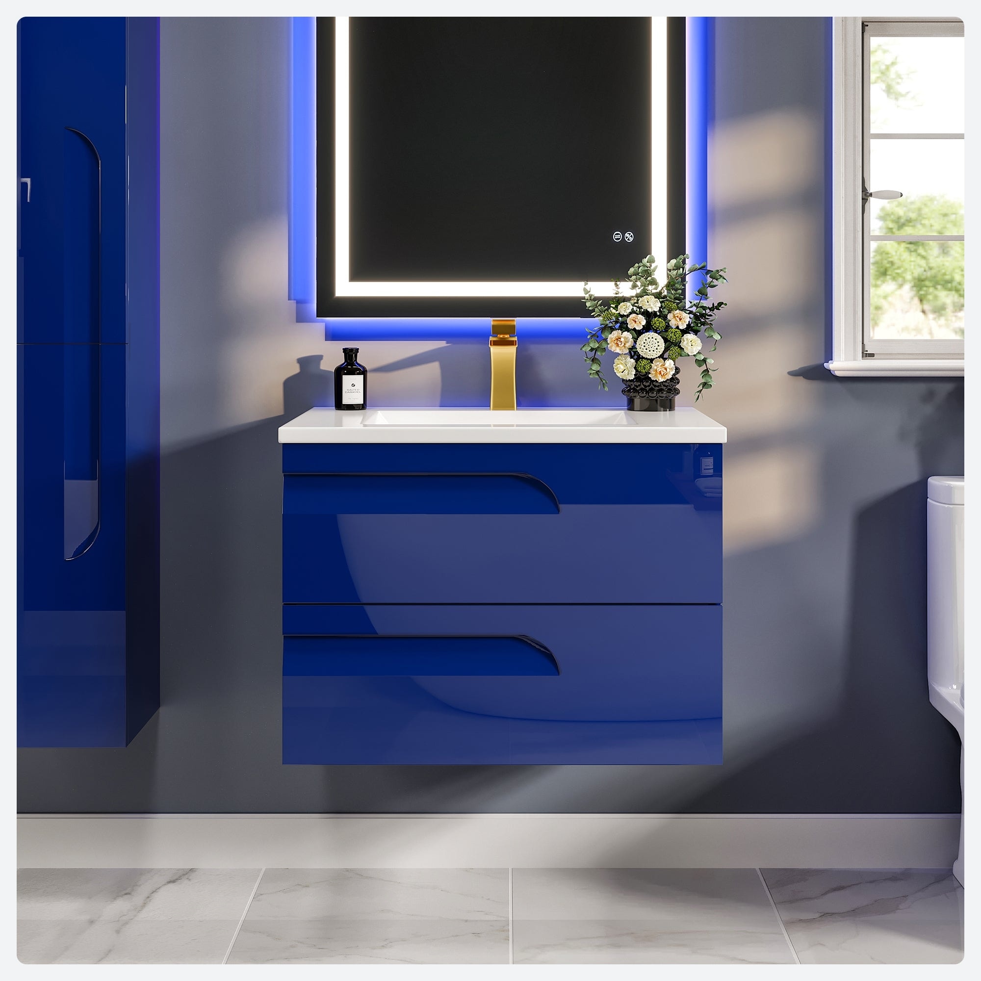 Joyous 32 in. W x 18 in. D x 34 in. H Freestanding Bath Vanity in Blue with White Porcelain Top
