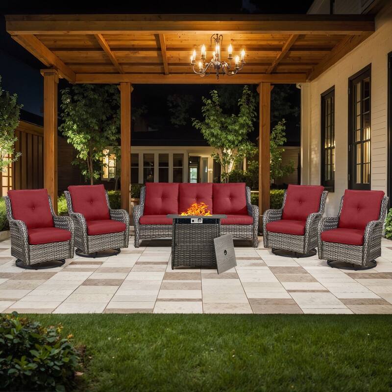 Gymojoy 6-Piece Outdoor Sofa & Chair Set with 4 Swivel Chairs, Fire Pit Table - Grey Wicker / Red Cusion - 6-Piece