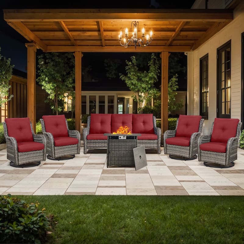 Pocassy 6 Pieces Fire Pit Table with Sofa Swivel Chairs Set - Grey Wicker Red Cushion - 6 Pieces Sofa Swivel Chairs with Fire Table