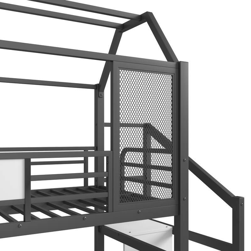 Roomfitters House Loft Bed with Slide and Stairs, Metal Playhouse Frame with Storage Shelves