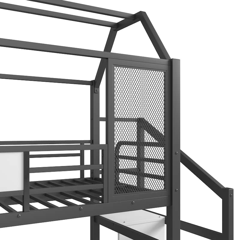 Twin House Loft bed with Slide and Stairs, Metal Playhouse Bed with Storage Shelves, House-shaped Roof and Noise-free Design