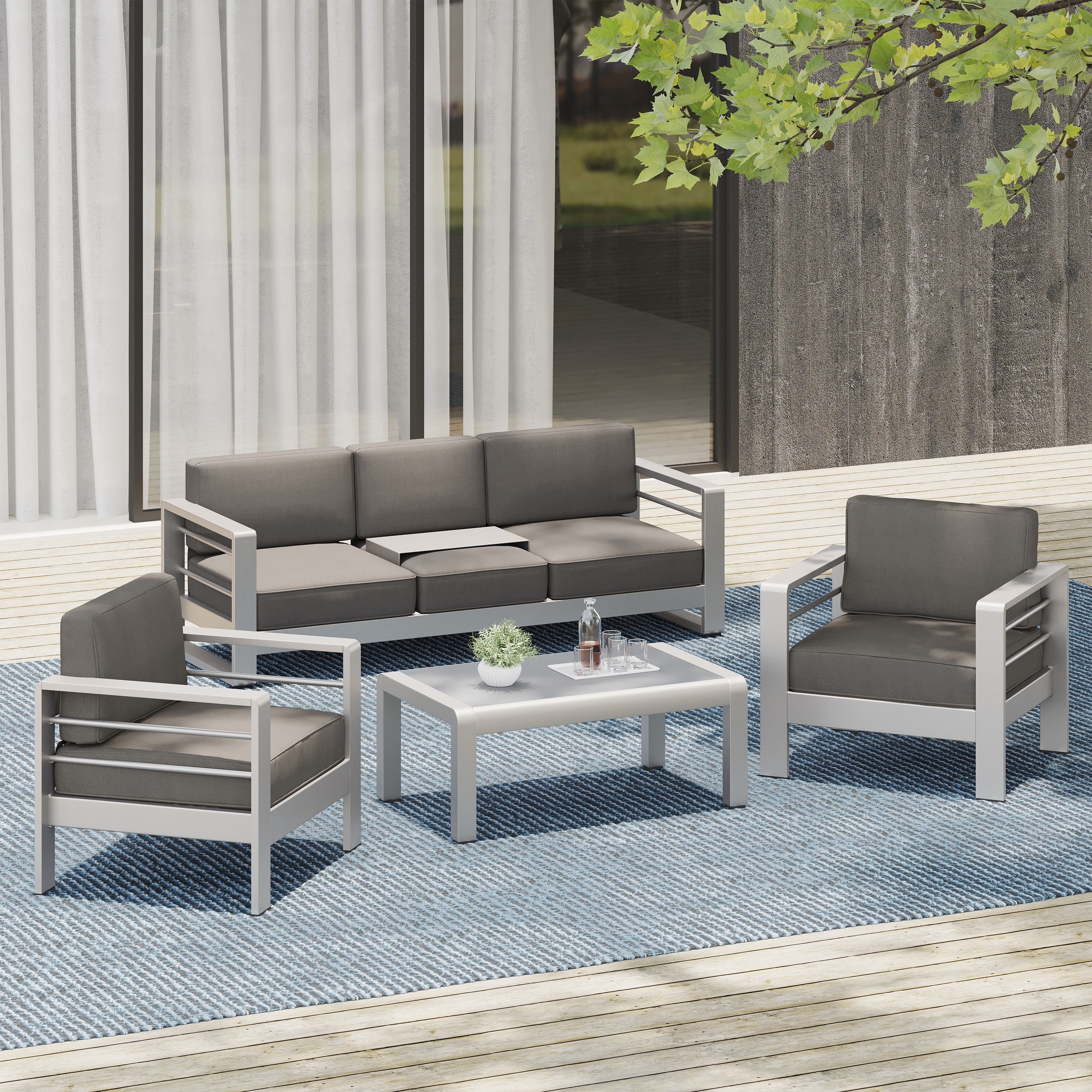 Cape Coral Outdoor 4 Piece Aluminum Chat Set with Water Resistant Cushions by Christopher Knight Home