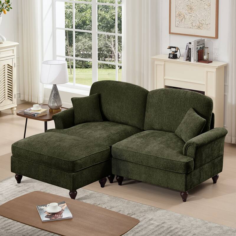 2-Seater L Shaped Sofa Couch, Lounge Sofa with Removable Ruffles Pleats Skirts, Loveseat Sofa with Movable Ottoman