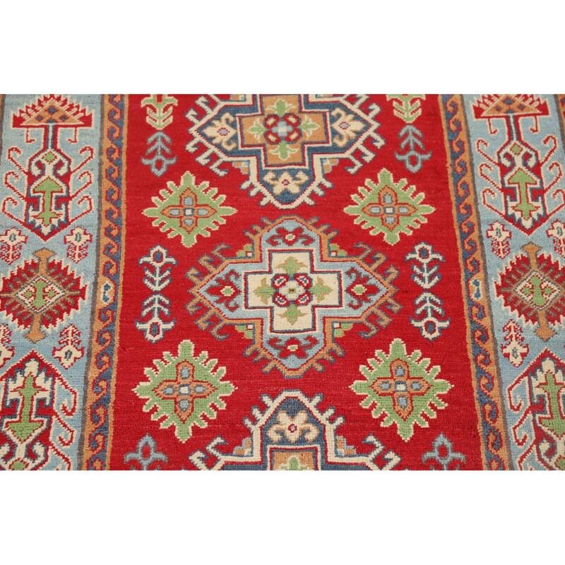 Geometric Red Kazak Accent Rug Hand-Knotted Wool Carpet - 3'2" x 4'11"