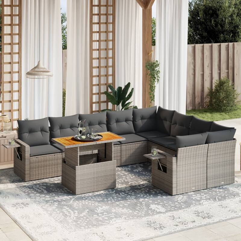 vidaXL Patio Sofa Set with Cushions Table and Sofa Sections 10 Piece Poly Rattan - 21.7 x 39.4 x 28.7 - Grey  - form2
