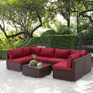 7-Piece Outdoor Rattan Wicker Sectional Sofa Set with Red Cushions