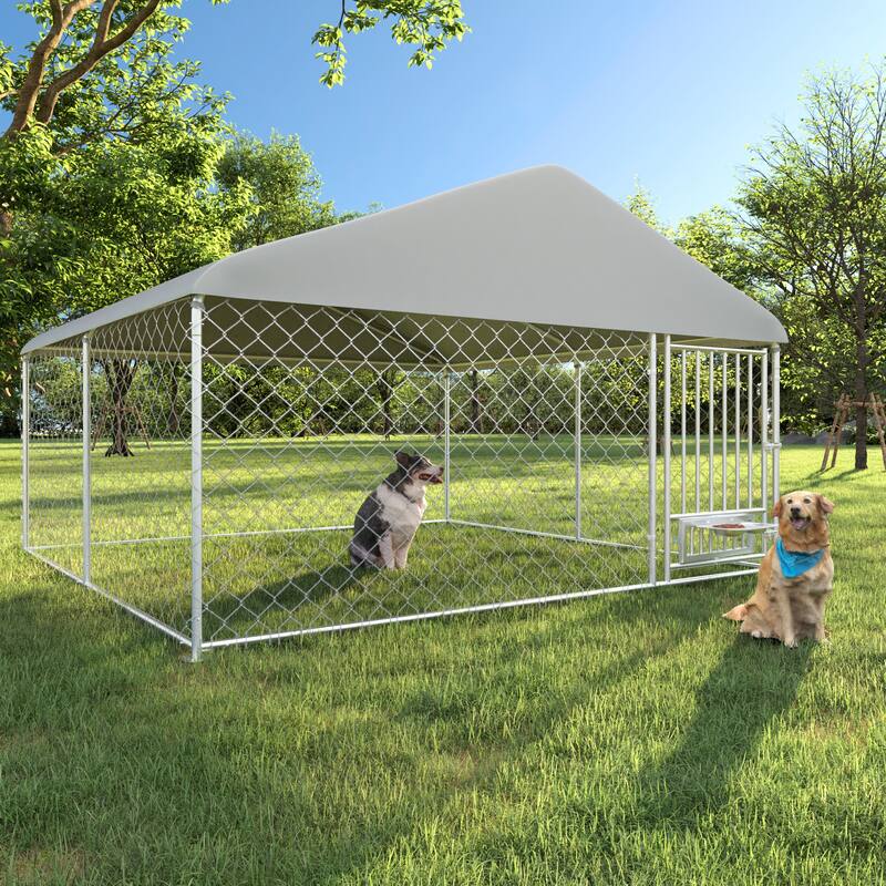 EROMMY Outdoor Dog Kennel, Heavy Duty Large Dog Kennels with Waterproof Cover and Rotating Feeding Door