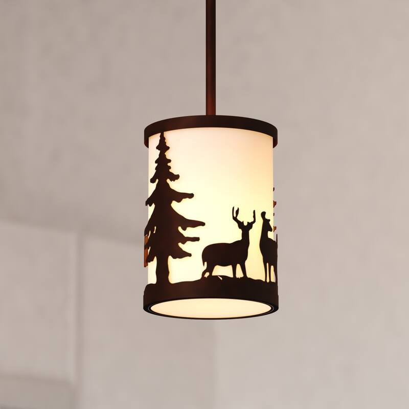 Acadia Bronze Rustic Mini Pendant Ceiling Light White Linen Shade Deer and Tree - 7.5-in W x 23-in H x 7.5-in D - Bronze - 7.5-in W x 23-in H x 7.5-in D