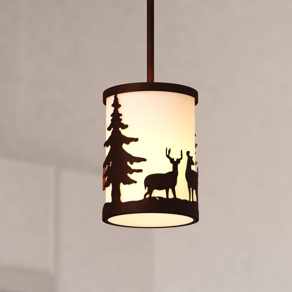 Acadia Bronze Rustic Mini Pendant Ceiling Light White Linen Shade Deer and Tree - 7.5-in W x 23-in H x 7.5-in D