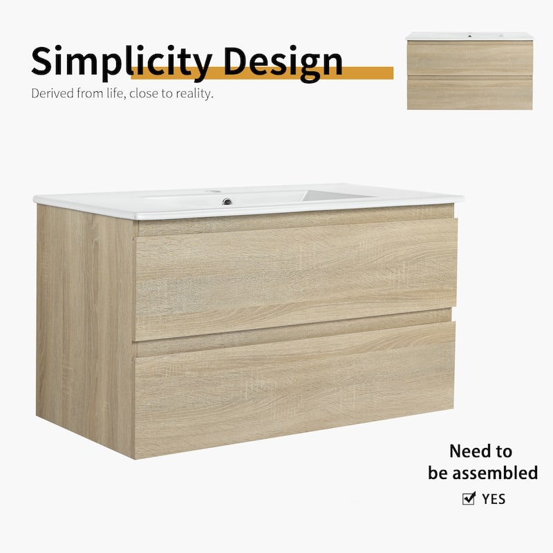 36" Wall-Mounted Bathroom Vanity With Ceramic Sink, 2-Soft Close Drawers