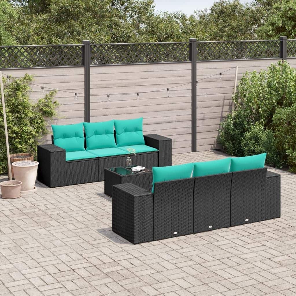 vidaXL 7 Piece Patio Sofa Set with Cushions Black Poly Rattan - 21.7" x 24.4" x 27.2"