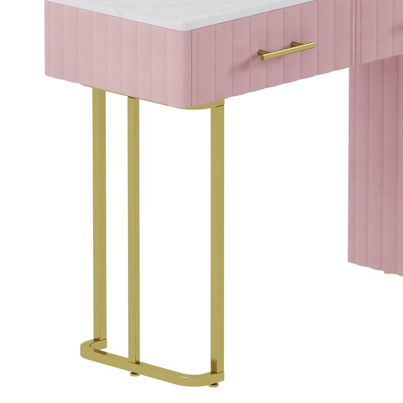 Velvet Upholstered Makeup Vanity Desk with 5 Storage Drawers, Marble-Look Sticker Top Dressing Table and Padded Makeup Chair Set