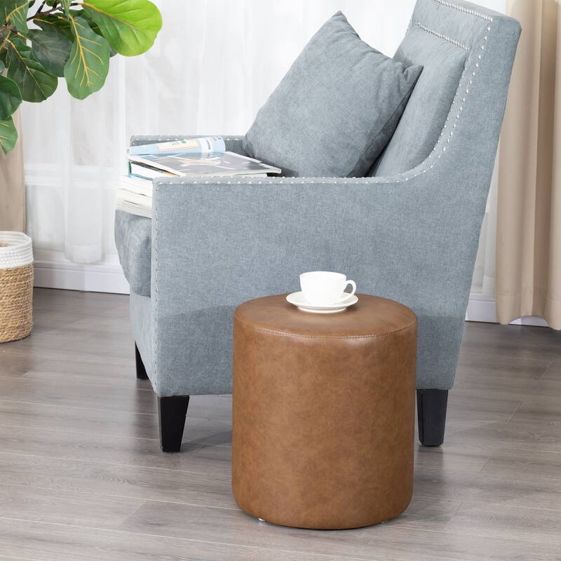 Adeco 15" Faux Leather Round Ottoman Upholstered Footrest Stool for Living Room
