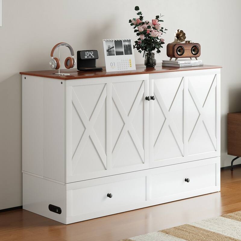 Mixoy Modern Full/Queen Size Murphy Bed Chest with Mattress and Storage