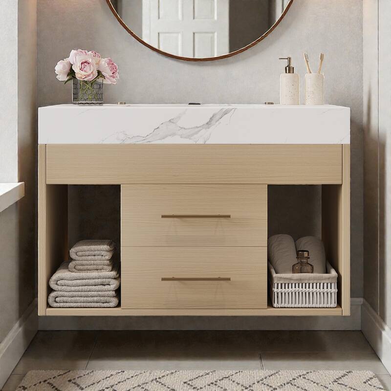 29.9" Floating Bathroom Vanity with Sintered Stone Top, Ceramic Undermount Sink, Soft-Close Drawers for Small Modern Bathrooms - Wood