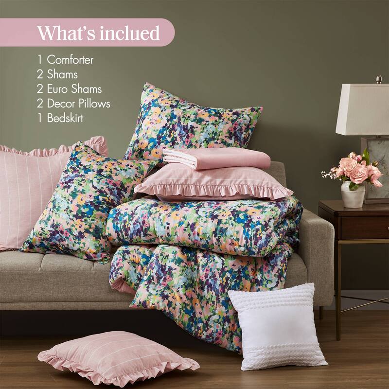 8-Piece Queen Comforter Set Multi Floral Cotton Reversible with Euro Shams & Bed Skirt