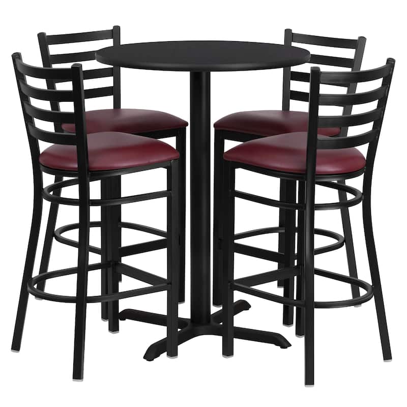 30'' Round Laminate Table Set with X-Base and 4 Ladder Back Metal Barstools - black top/burgundy vinyl seat