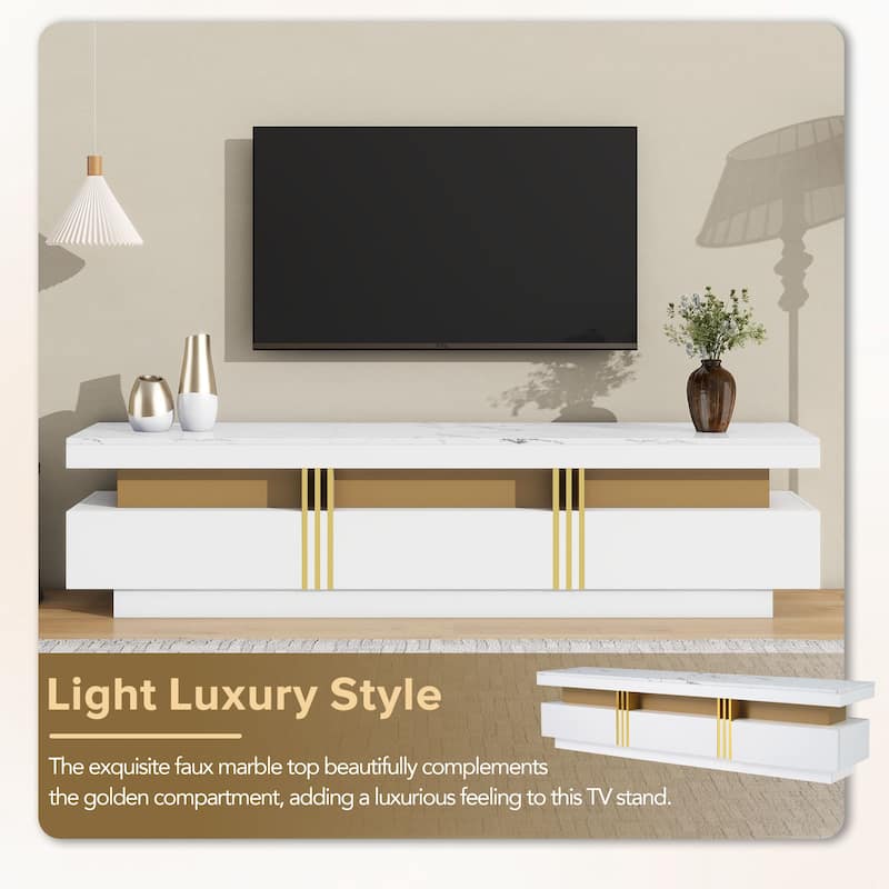 Luxury TV Stand with High Gloss Faux Marble Top for TVs Up to 78'', Rectangle Media Console with Golden Panel.