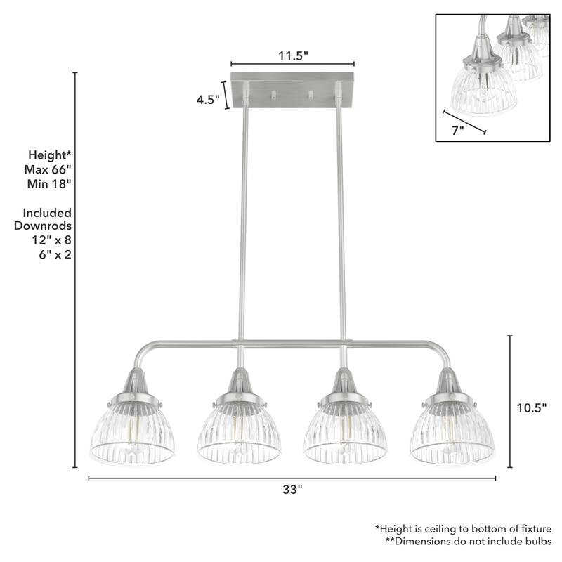 Hunter Cypress Grove 4-Light Linear Chandelier - Kitchen Island, Dining Room - Clear Fluted Glass - Transitional, Industrial