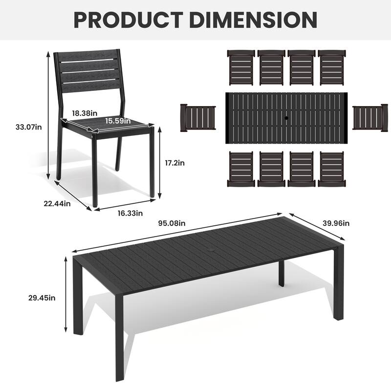 7/9/11-Piece Outdoor Patio Dining Set Aluminum Dining Table with Umbrella Hole and Stackable Dining Chairs