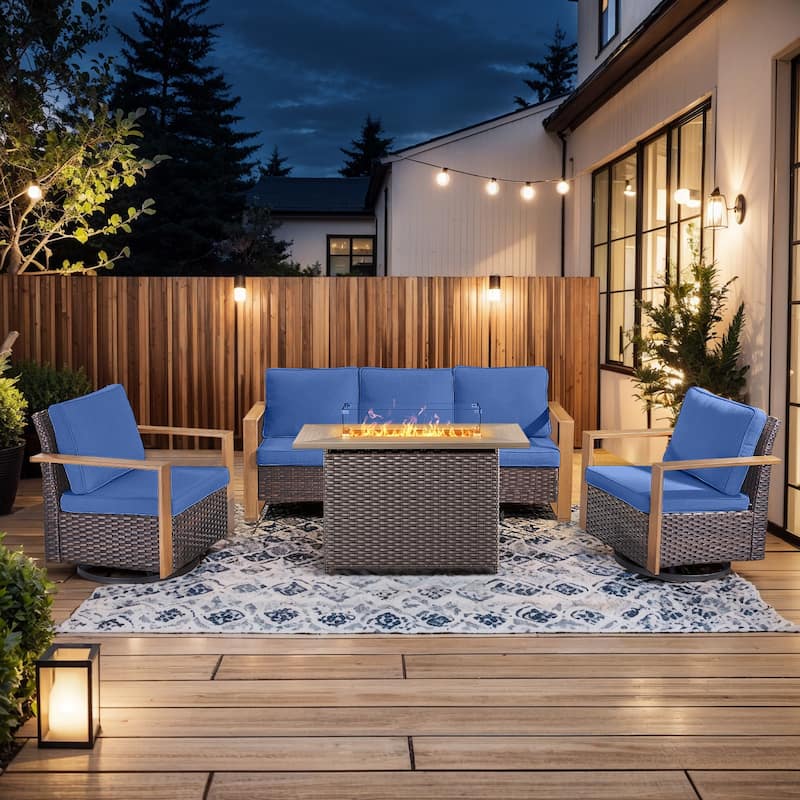 Pocassy 4 Pieces Outdoor Sofa Swivel Chair with Fire Pit Table Set - Blue cushion - Brown Wicker