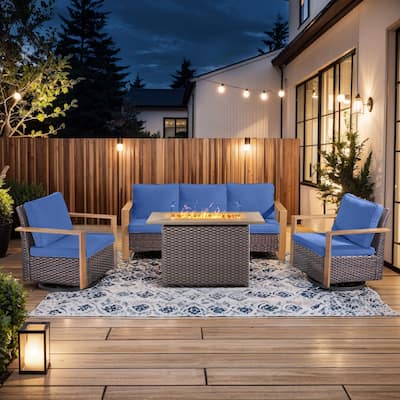 Pocassy 4 Pieces Outdoor Sofa Swivel Chair with Fire Pit Table Set
