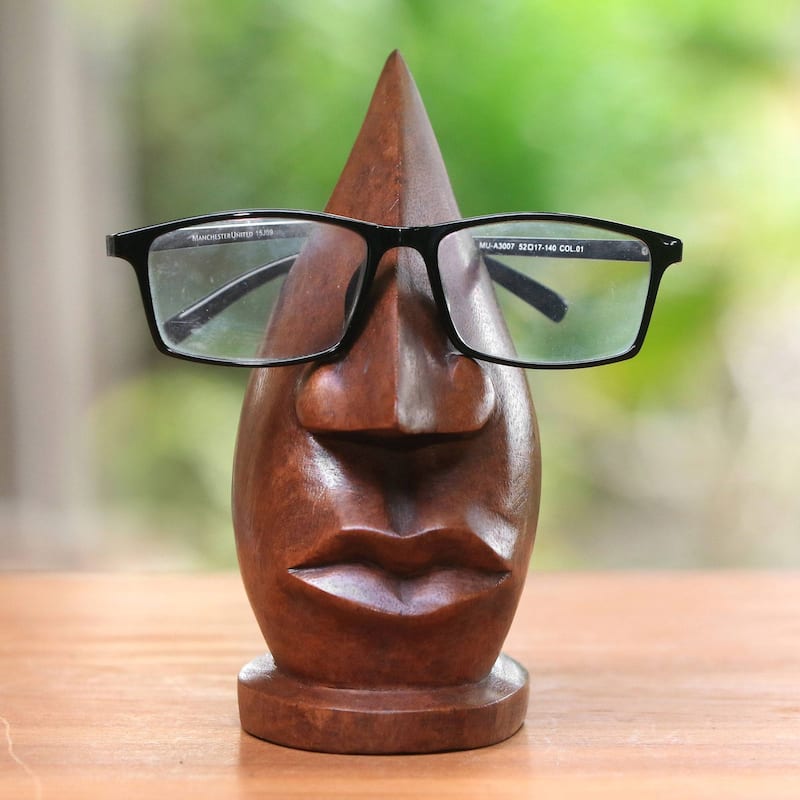 NOVICA Prominent Nose in Light Brown, Wood eyeglasses stand - 6.75" H x 6" W x 2.8" D