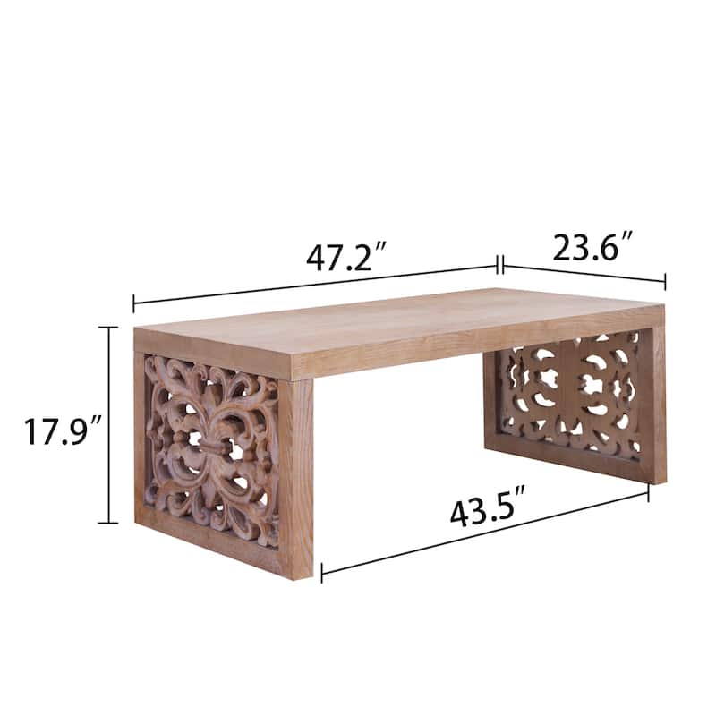 47.2" Rustic Carved Wood Coffee Table Side Table, Natural Sofa Table Accent Table End Table Cocktail Table