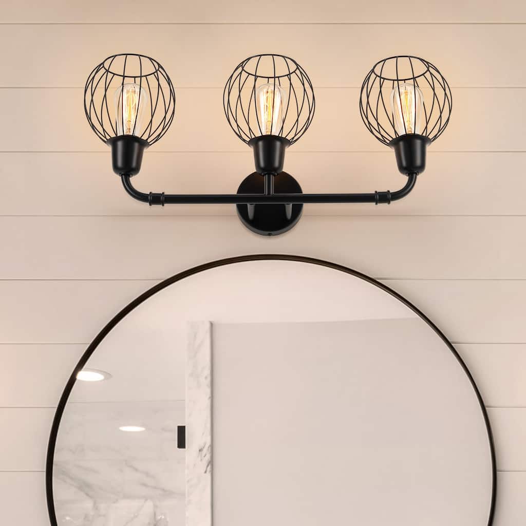 3-Light Industrial Vanity Light Wall Sconce with Cage Shades, Black