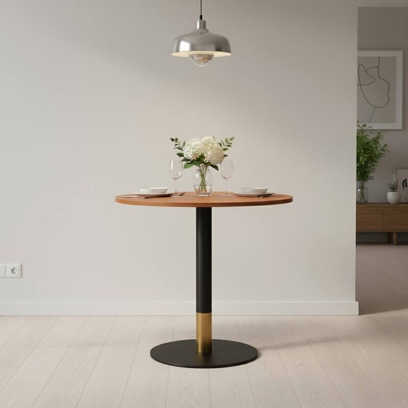 Vail Round Dining Table with 27 in. MDF Tabletop in Black Stainless Steel Round Pedestal Base with Gold Accent Kitchen Table