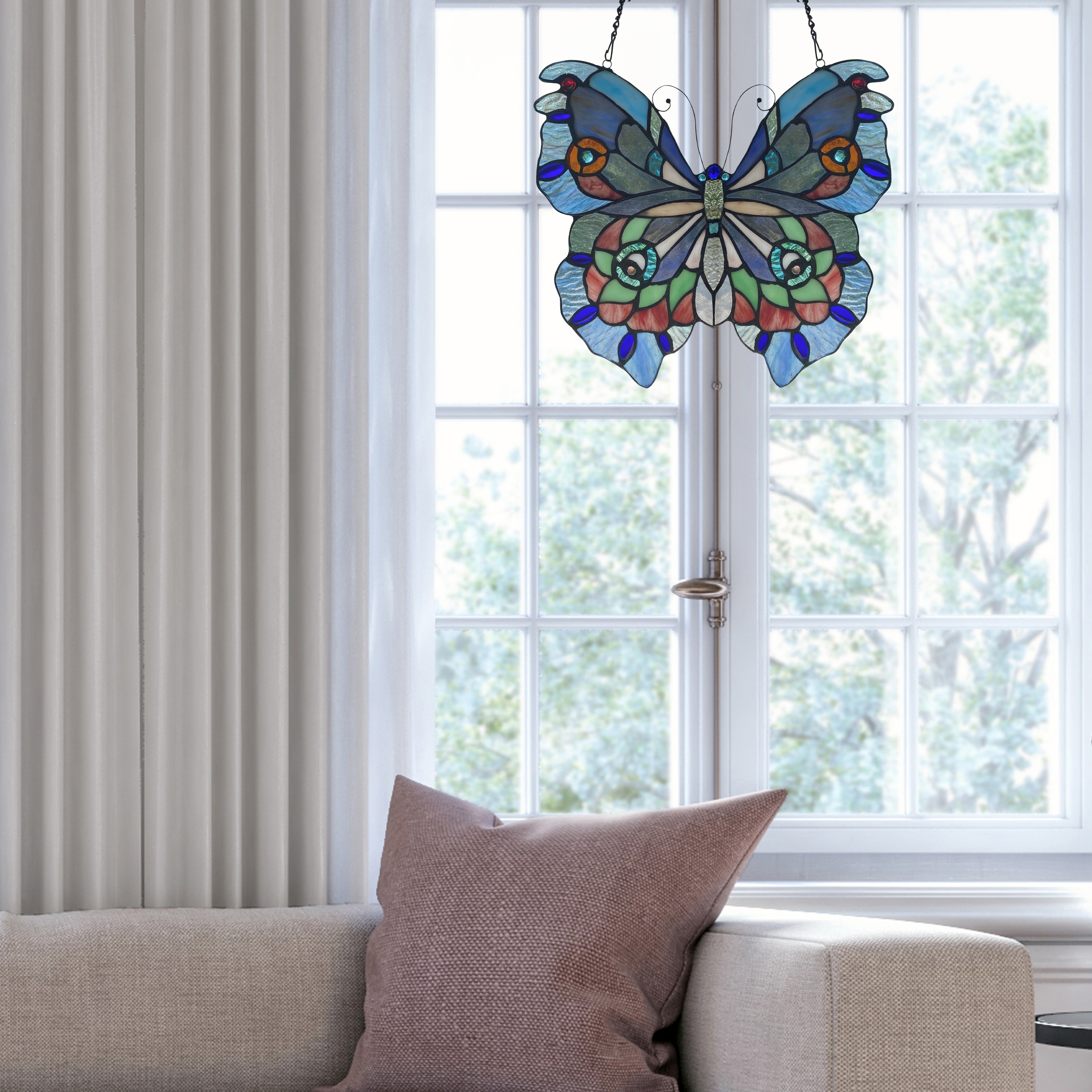 River of Goods 12"H Love Life Butterfly Tiffany-Style Stained Glass Window Panel - 12.5" x 0.5" x 12"