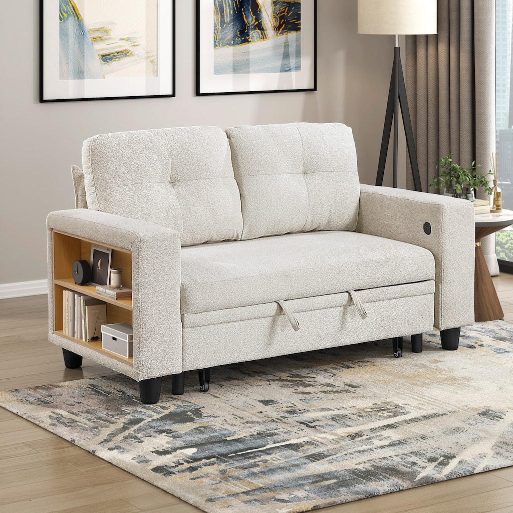 Hazel 56.5" Boucle 2-Seater Loveseat - Pull-out Bed, Shelves, USB Port