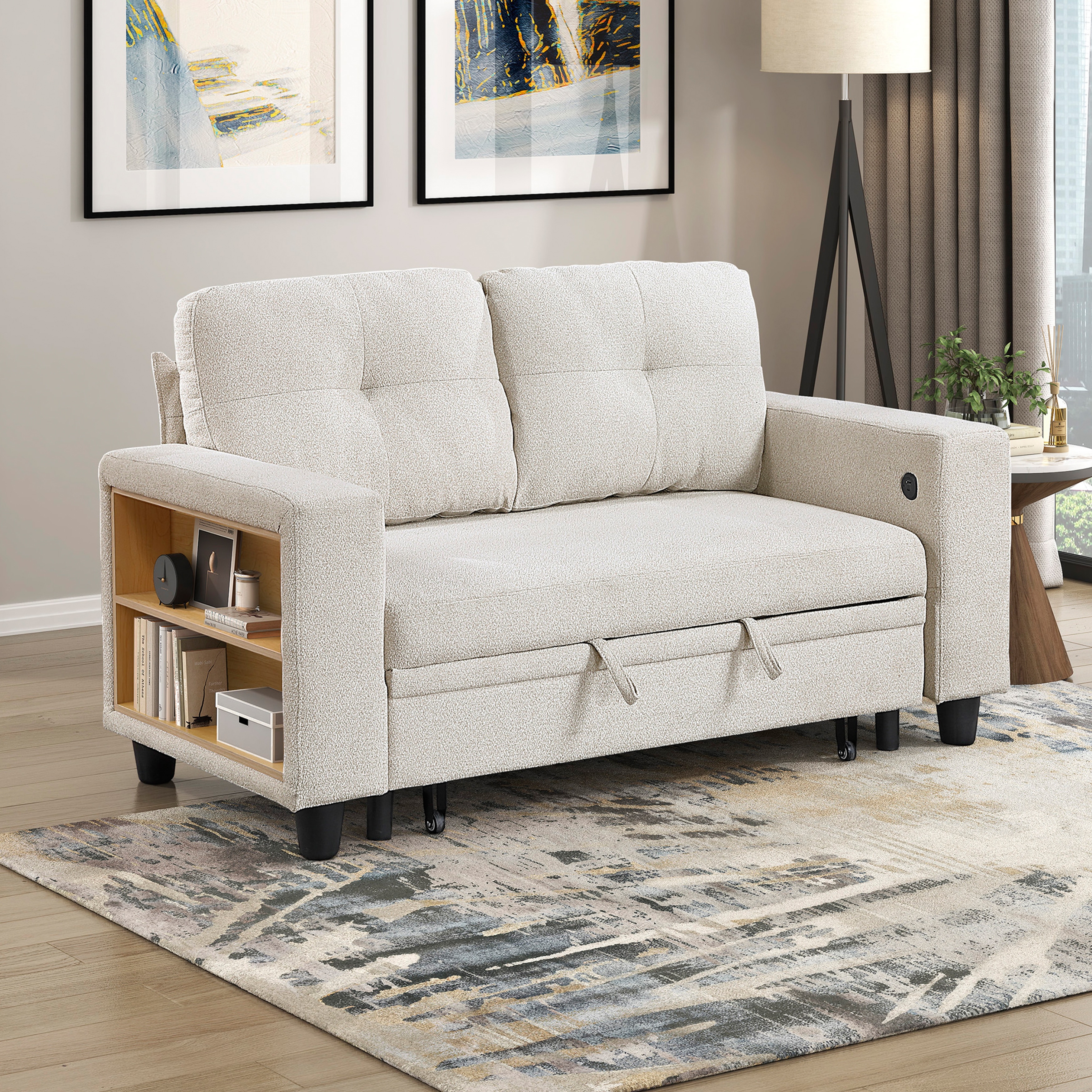 Fremont & Park Hazel 56.5" Boucle 2-Seater Loveseat - Pull-out Bed, Shelves, USB Port