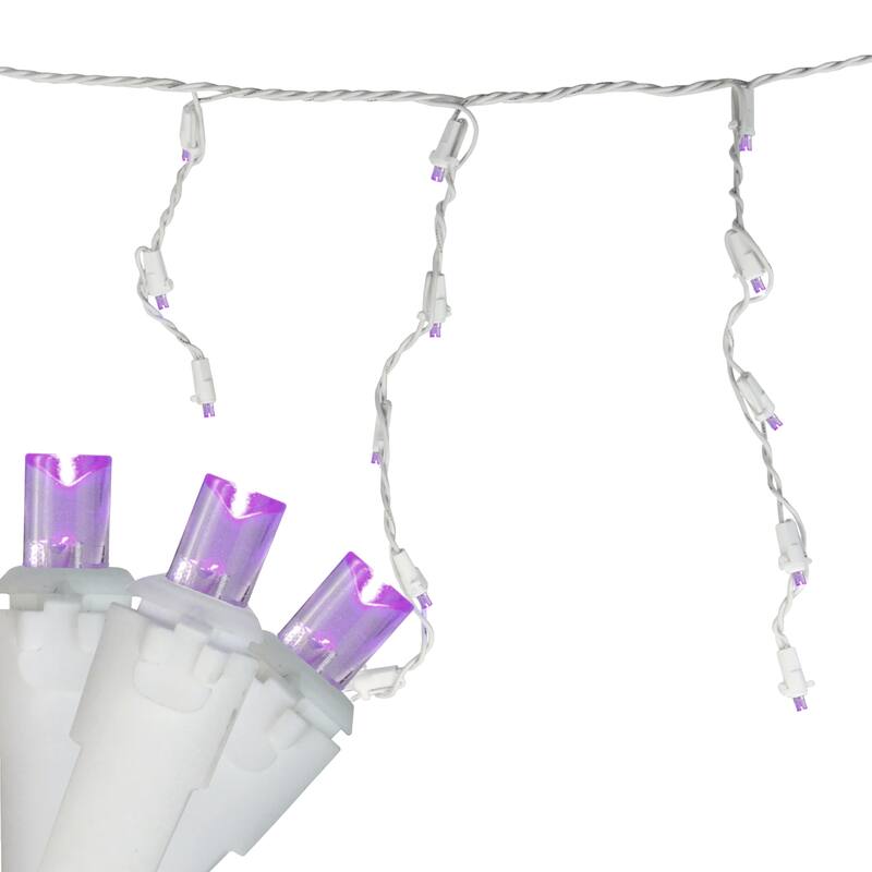 100 Count Purple LED Wide Angle Icicle Christmas Lights 5.5 ft White Wire - 5.5'