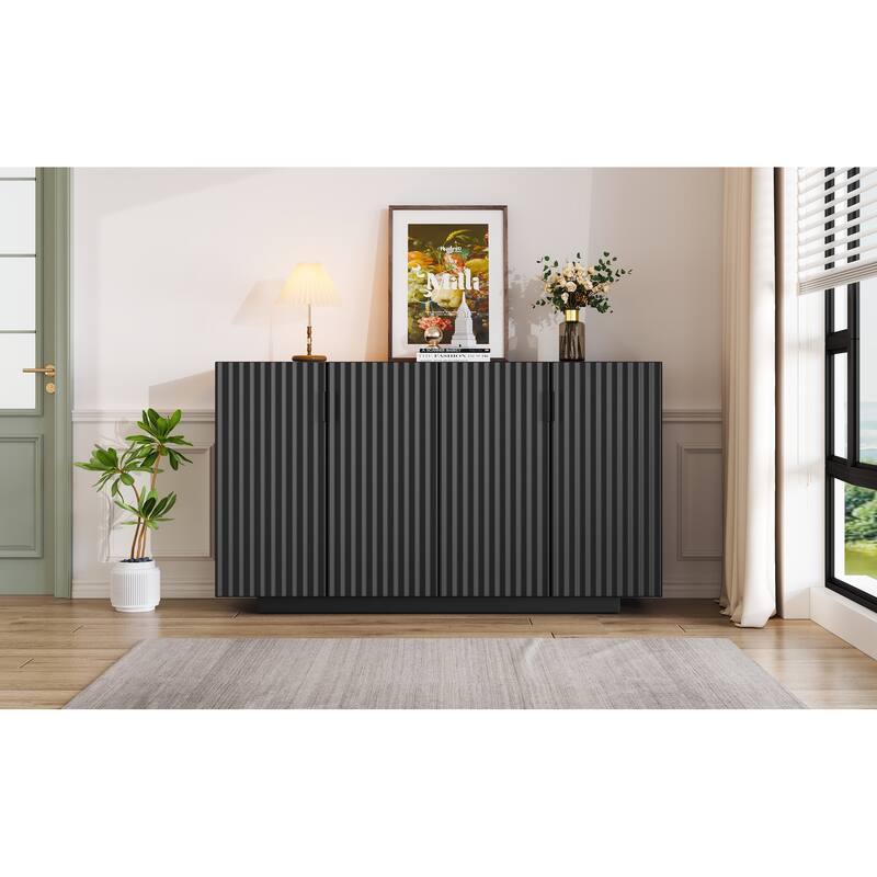 4 Wavy Doors Ample Storage Space Sideboard with Adjustable Shelves and Retro Copper Handles for Dining Room and Living Room