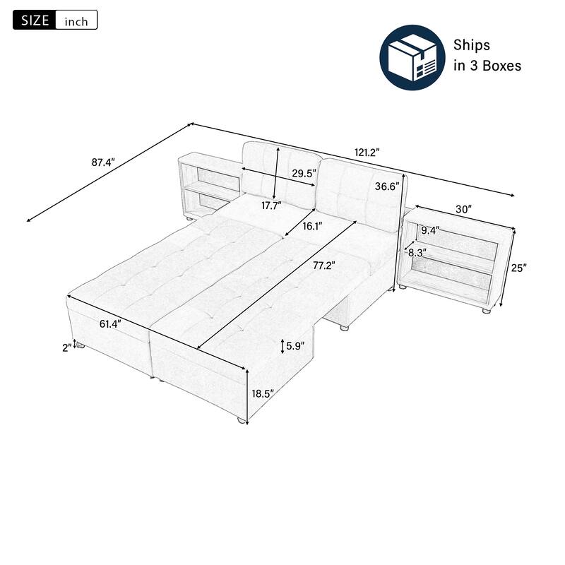 121.2" Versatile Modular Sofa Bed with 2 Storage Racks, Gray, Chenille Upholstered