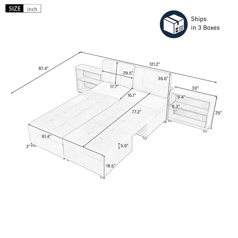 Modern Modular Sofa Bed with Built in Storage Racks and Chenille Upholstery and multiple wheels for Living Room