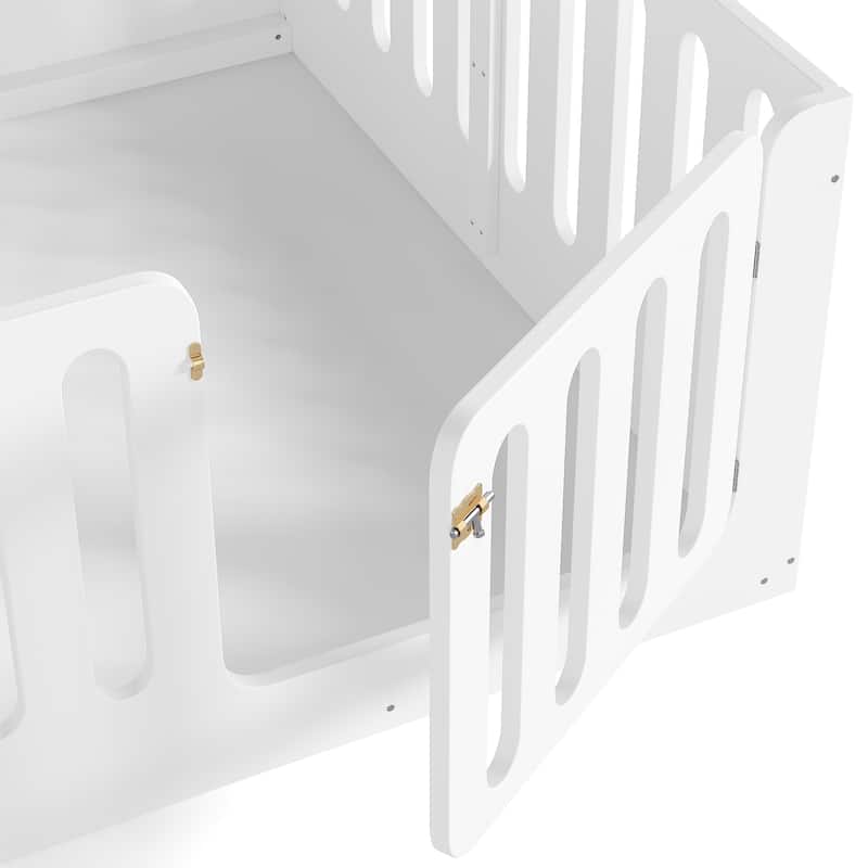 Toddlers Montessori Floor Bed with High Fence, Door, Low Profile Platform Bed Frame for Kids with No Box Spring Needed, No Slats