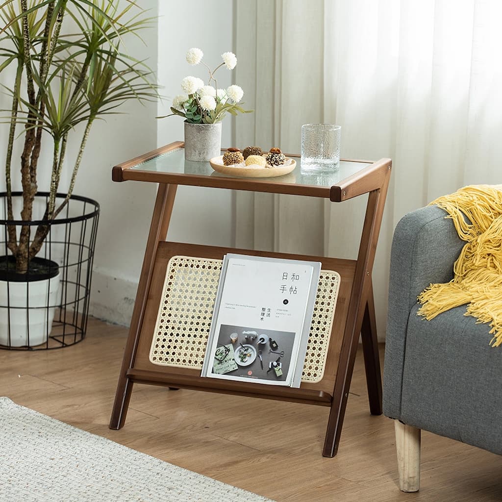 Rattan Nightstand Side Table, Bamboo Accent Bedside Tables, Glass Coffee Tables, Boho End Table with Storage
