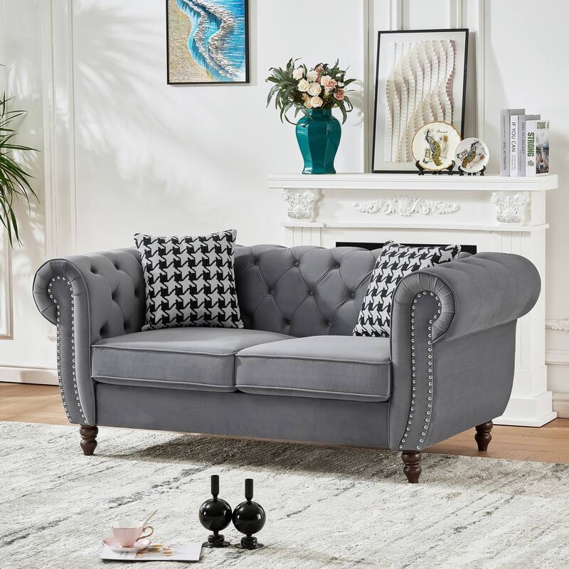 67"Velvet Upholstery Fabric Sofa With Roll Armrest & Nailhead,Upholstered Mid Century Modern Couch,2 Seater Couch
