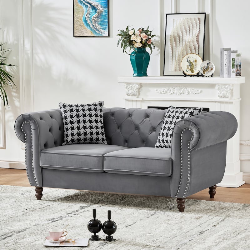 Velvet Upholstered Fabric Sofa, Tufted Loveseat with Rolled Armrest, Deep Seat 2 Seater Couch with Nailhead Trim - Grey