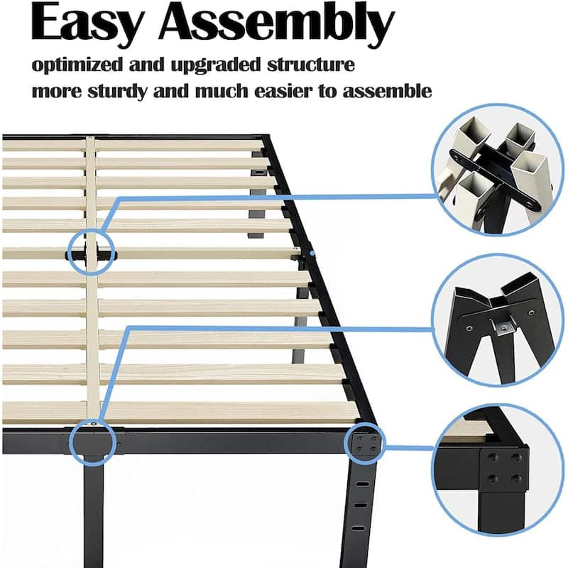 16 Inch Black Metal Platform Bed Frame With Wood Slats Support