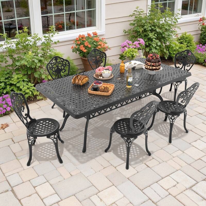 Traditions 7-Piece Patio Outdoor Dining Set with 6 Dining Chairs and Rectangular Dining Table, Rust Free - Black