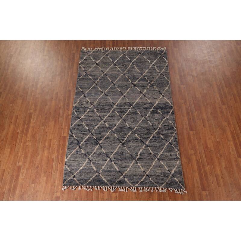 Grays & Blues Trellis Moroccan Area Rug Hand-Knotted Wool Carpet - 6'0" x 9'7"
