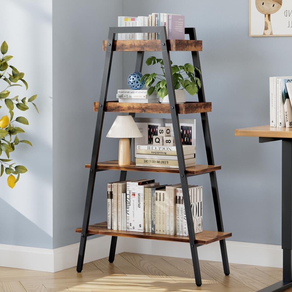 VECELO Modern 4-Tier Corner Ladder Bookshelf Metal & Waterproof MDF Shelves for Living Room Kitchen & Bathroom Corner Bookcase